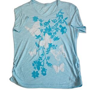 Hanes JMS Floral Butterfly T-Shirt in Blue & White sz 1X 16W